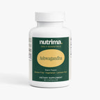 White bottle of Ashwagandha dietary supplement with green label and black pepper noted, by nutrima.