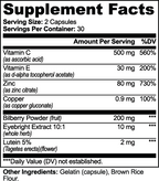 Supplement facts for Bilberry, Lutein & Eyebright Capsules (Eye, Ear & Nose) by nutrima, detailing active ingredients and serving size.