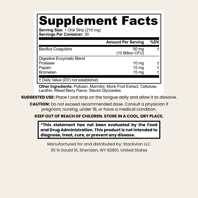 Supplement facts label for Bacillus Coagulans + Enzyme Oral Strips, 30 Count, with ingredients, suggested use and warnings