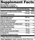 Supplement facts for Saw Palmetto, Pygeum & Pumpkin Seed Capsules, featuring key ingredients and dosages by nutrima.