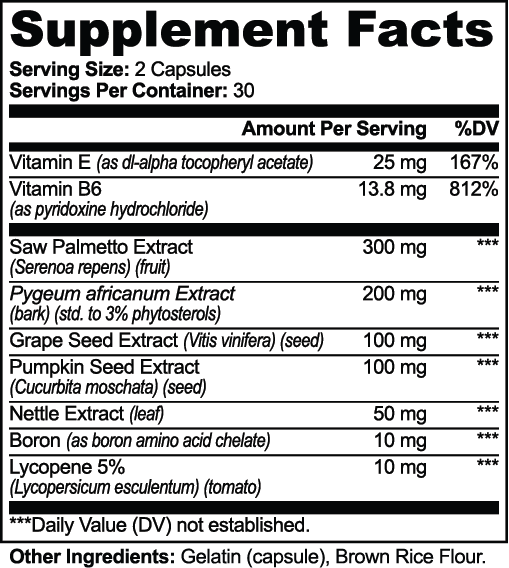 Supplement facts for Saw Palmetto, Pygeum & Pumpkin Seed Capsules, featuring key ingredients and dosages by nutrima.