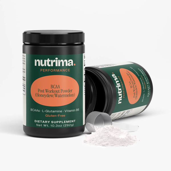 BCAA Post Workout Powder (Honeydew/Watermelon) in a black container with a scoop, showcasing its distinct flavor by nutrima.