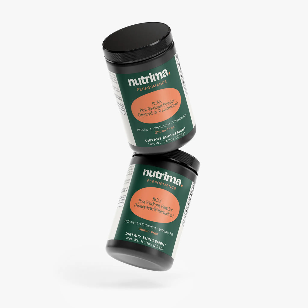 Two jars of BCAA Post Workout Powder (Honeydew/Watermelon) by nutrima, showcasing the vibrant labeling and design.