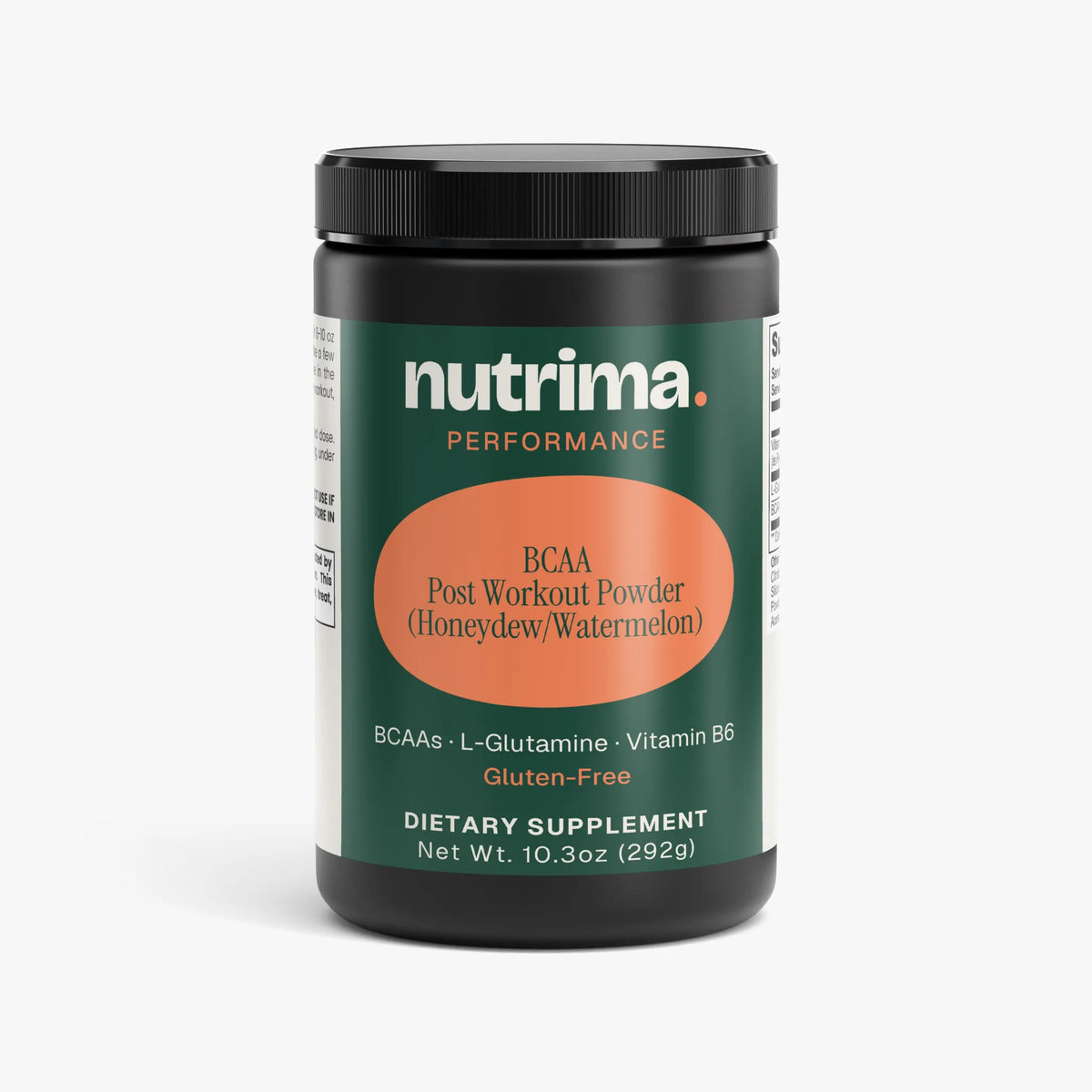 BCAA Post Workout Powder in Honeydew/Watermelon flavor in a black container with a vibrant label by nutrima.