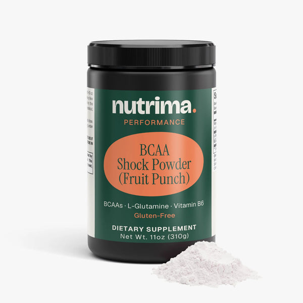 BCAA Shock Powder in a black container with a fruit punch label beside a scoop of powder, by nutrima.