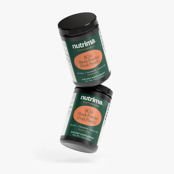 Two jars of BCAA Shock Powder (Fruit Punch) stacked at an angle, showcasing the brand nutrima.