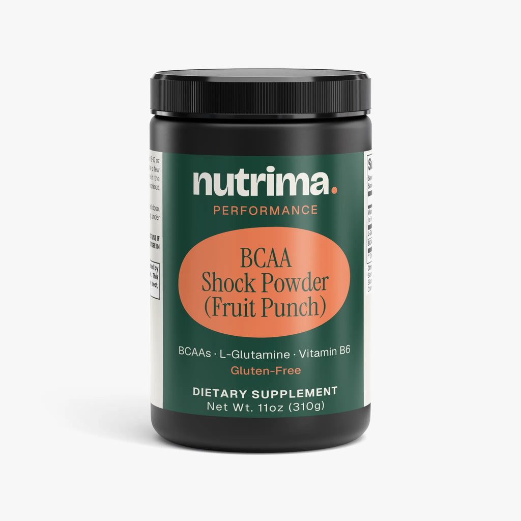 BCAA Shock Powder (Fruit Punch) in a black tub with green and orange label, by nutrima.