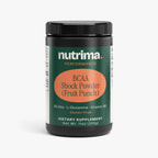 BCAA Shock Powder (Fruit Punch) in a black tub with green and orange label, by nutrima.
