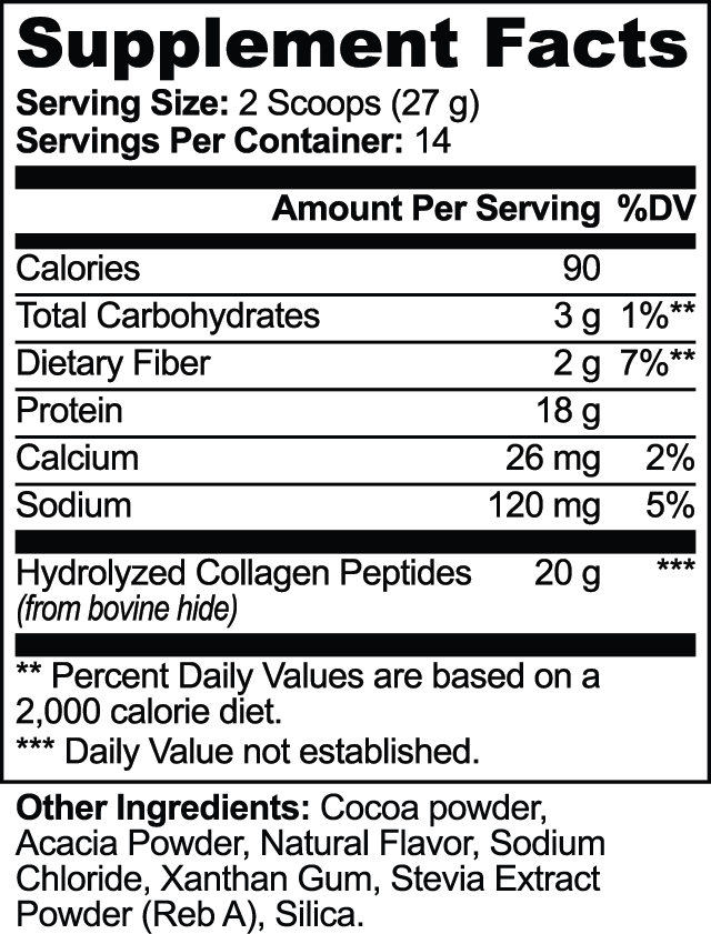 Supplement facts for Grass-Fed Collagen Peptides Powder (Chocolate) detailing nutritional information by nutrima.
