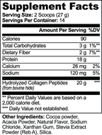 Supplement facts for Grass-Fed Collagen Peptides Powder (Chocolate) detailing nutritional information by nutrima.