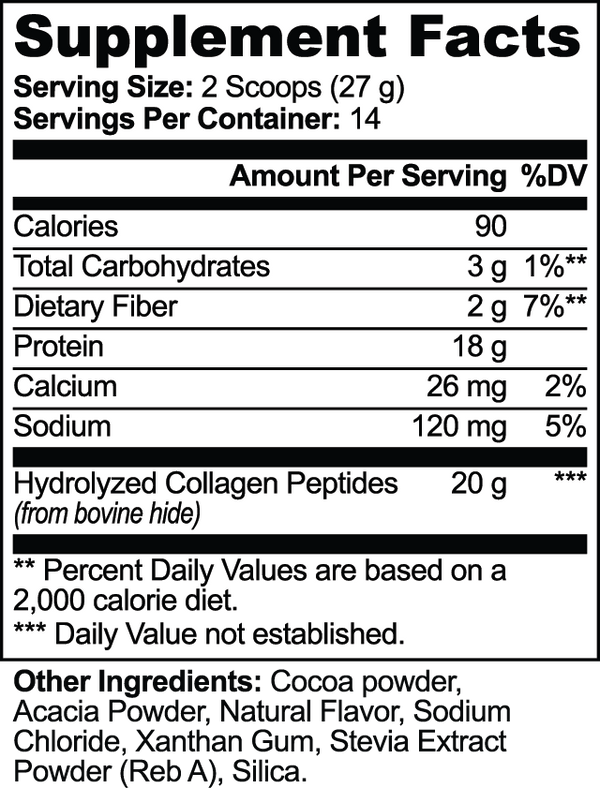 Supplement facts for Grass-Fed Collagen Peptides Powder (Chocolate) detailing nutritional information by nutrima.