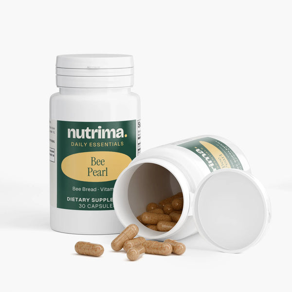 Bee Pearl dietary supplement bottle with capsules spilled out.
