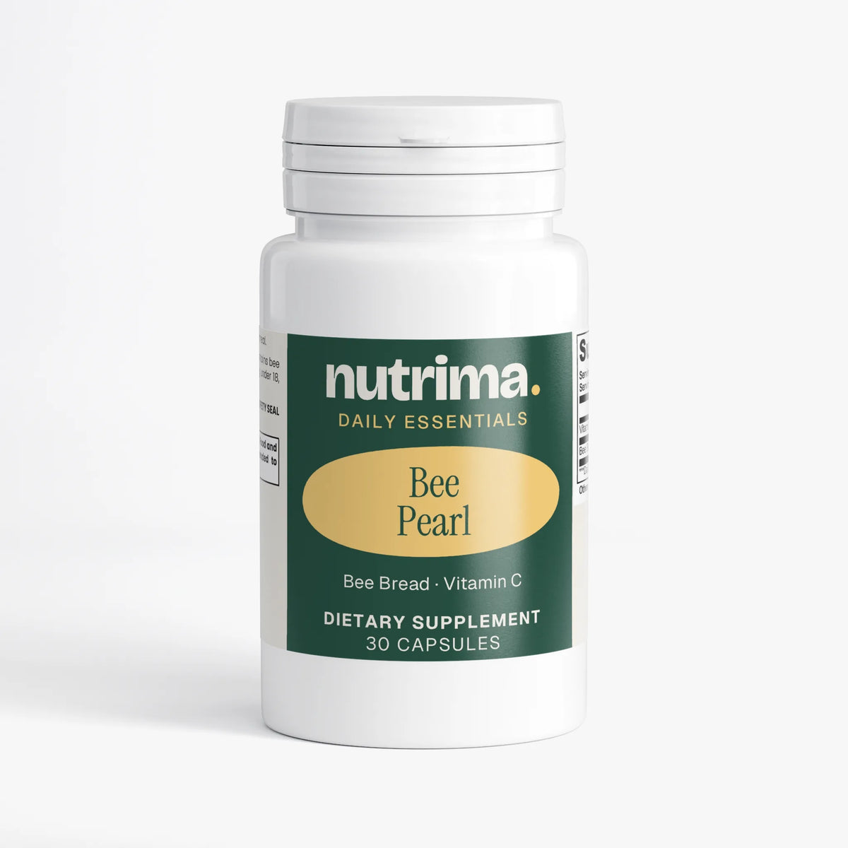 Bee Pearl dietary supplement bottle featuring green and gold packaging, containing 30 capsules by nutrima.