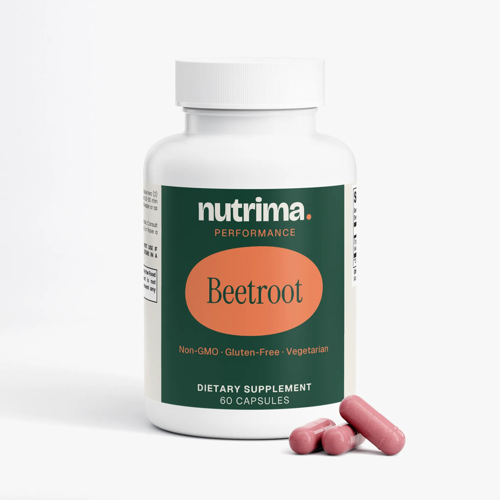 Beetroot capsules in a white bottle with green and orange label.