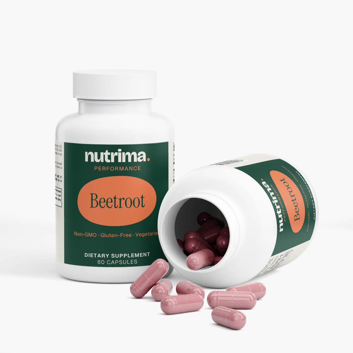 Beetroot capsules are shown in a white bottle, with some spilled out.