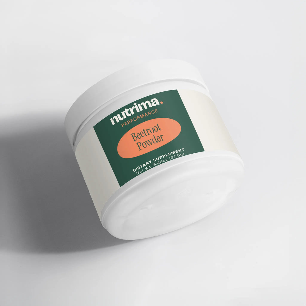 Beetroot Powder container in white with a green and orange label, featuring the product name, by nutrima.