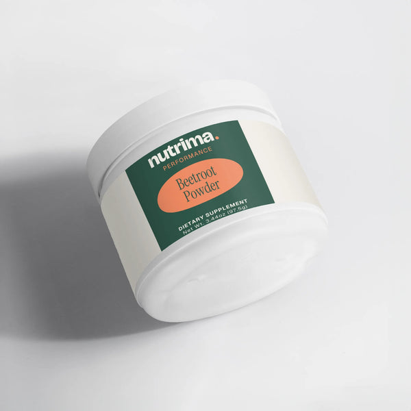 Beetroot Powder container in white with a green and orange label, featuring the product name, by nutrima.