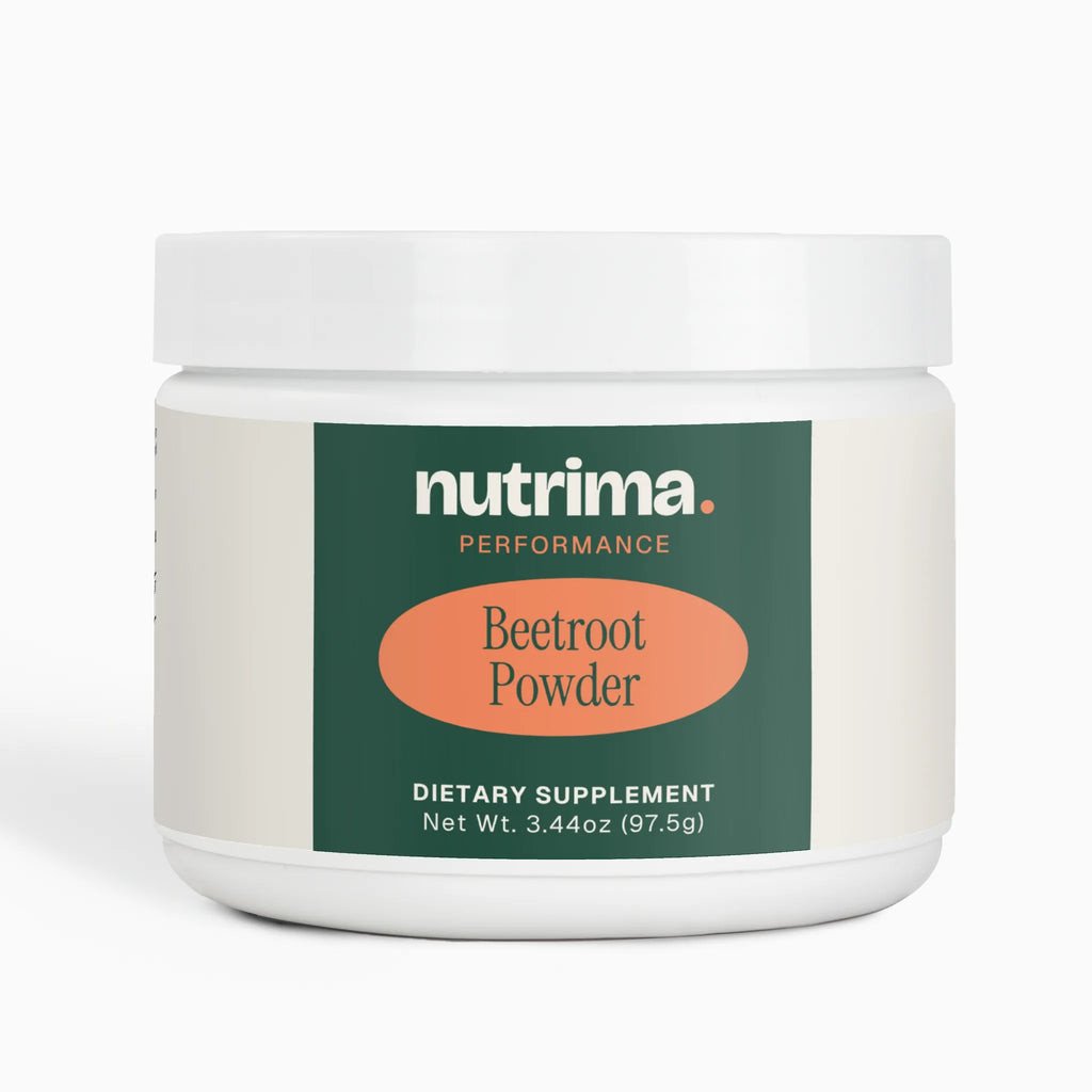 Beetroot Powder in a sleek white container with a green and orange label.