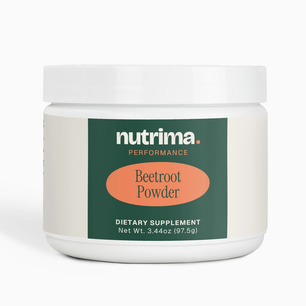 Beetroot Powder in a sleek white container with a green and orange label.