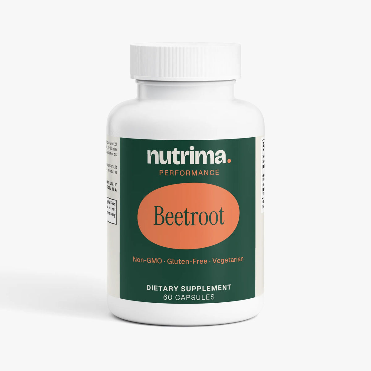 Beetroot dietary supplement bottle featuring a dark green label and orange circle, containing 60 capsules by nutrima.