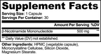Supplement facts label detailing β-Nicotinamide Mononucleotide 500 mg per capsule for NMN by nutrima.