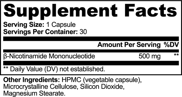 Supplement facts label detailing β-Nicotinamide Mononucleotide 500 mg per capsule for NMN by nutrima.