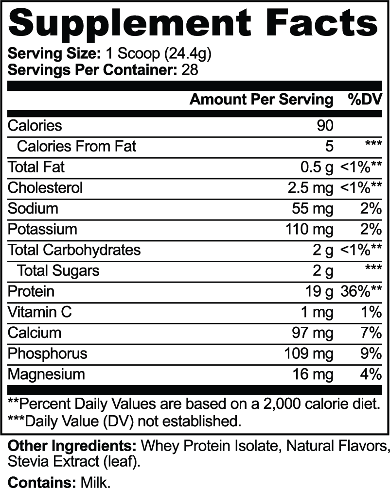 Nutritional facts for Pure3 100% Whey Protein Isolate (Vanilla) displaying serving details by nutrima.