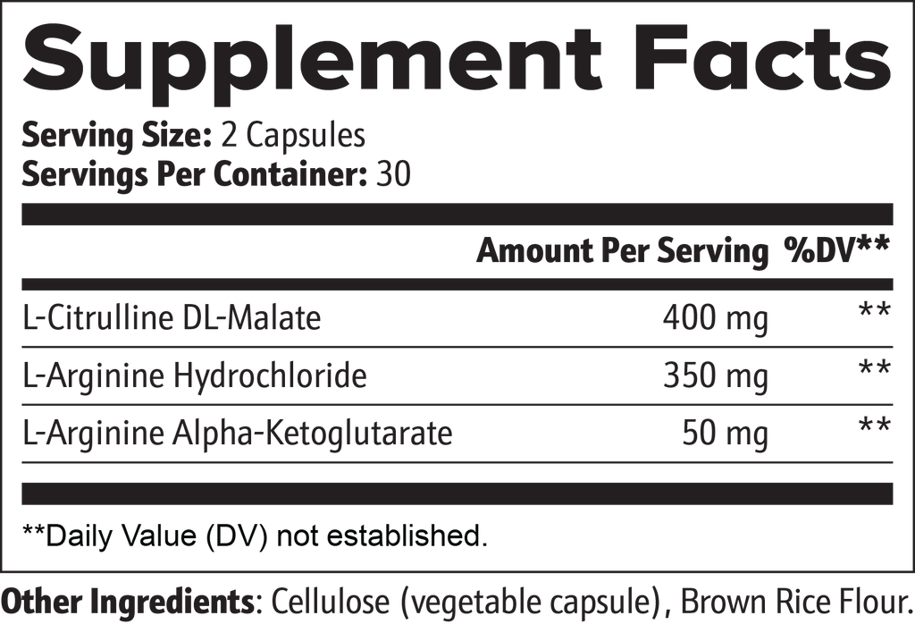 Supplement facts label detailing ingredients and serving size for L-Citrulline & L-Arginine Stack by nutrima.
