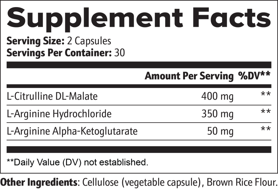Supplement facts label detailing ingredients and serving size for L-Citrulline & L-Arginine Stack by nutrima.