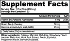 Supplement facts for L-Theanine + GABA Oral Strips, detailing ingredients like Vitamin B6 and Green Tea, by nutrima.