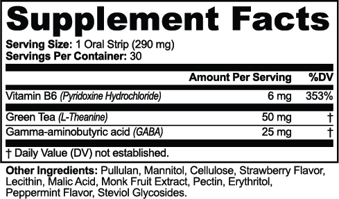 Supplement facts for L-Theanine + GABA Oral Strips, detailing ingredients like Vitamin B6 and Green Tea, by nutrima.
