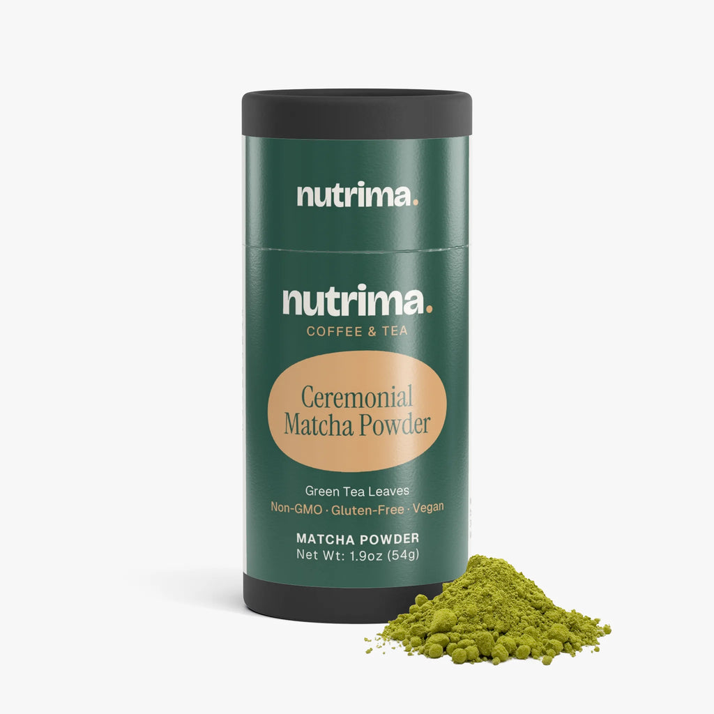 Ceremonial Matcha Powder in a green cylindrical container with powder spilled at the base, by nutrima.