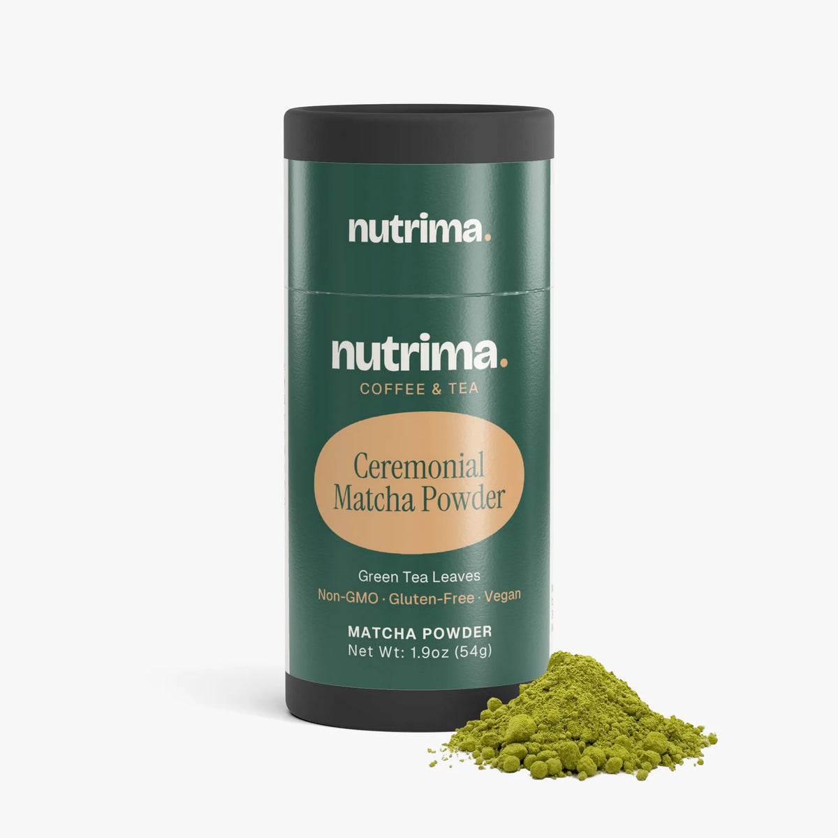 Ceremonial Matcha Powder in a green cylindrical container with powder spilled at the base, by nutrima.