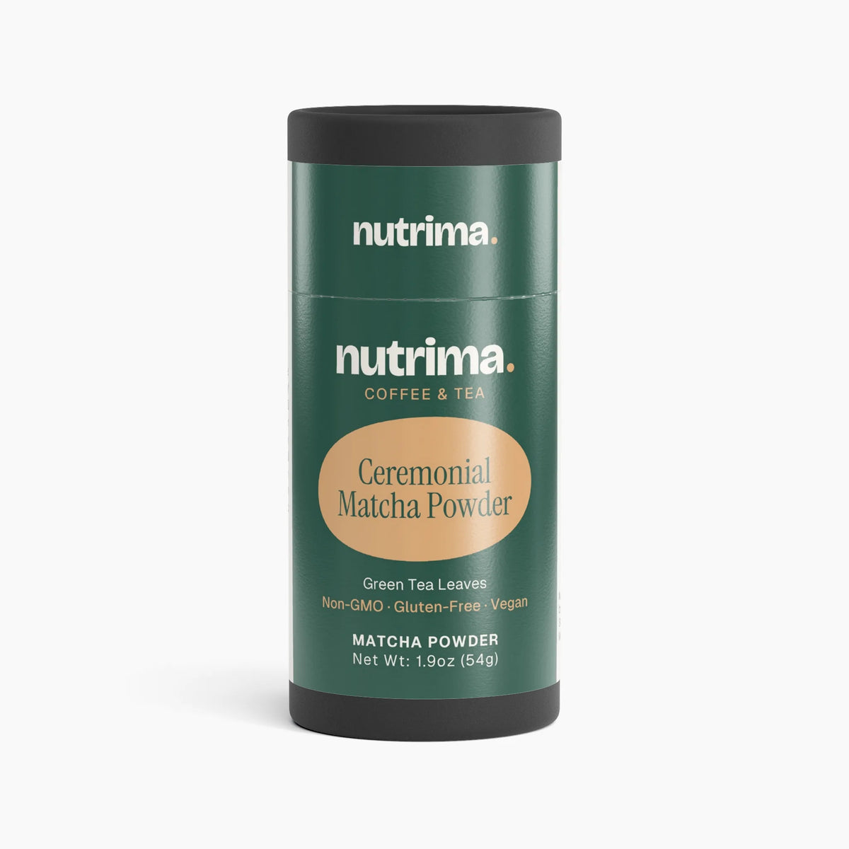 Green cylindrical container of Ceremonial Matcha Powder with a black lid and gold label by nutrima.