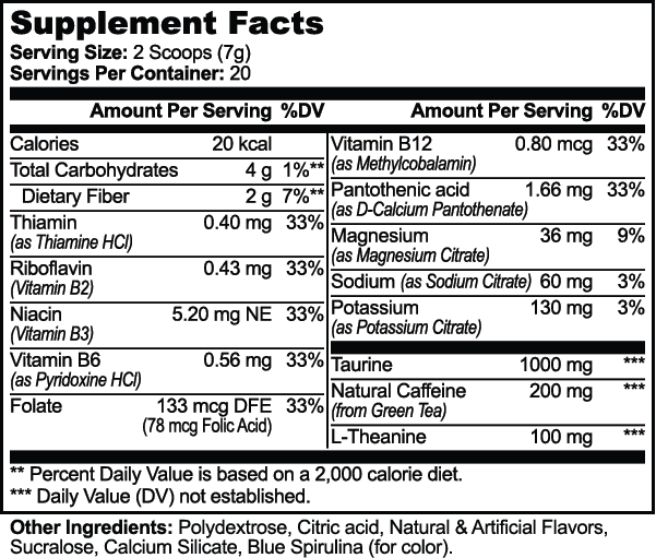 Nutrima Energy Powder (Cotton Candy) supplement facts label detailing ingredients and nutritional values per serving.
