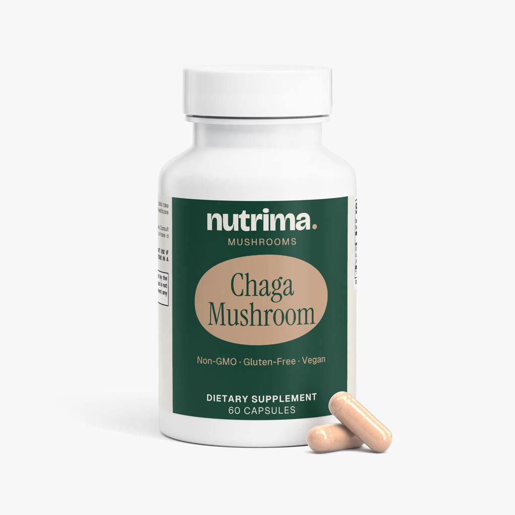Chaga Mushroom dietary supplement bottle with two capsules beside it, showcasing the distinct green and beige packaging by nu