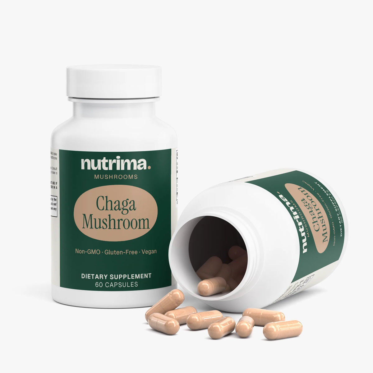 Chaga Mushroom dietary supplement bottle with capsules spilling out, featuring a dark green label by nutrima.
