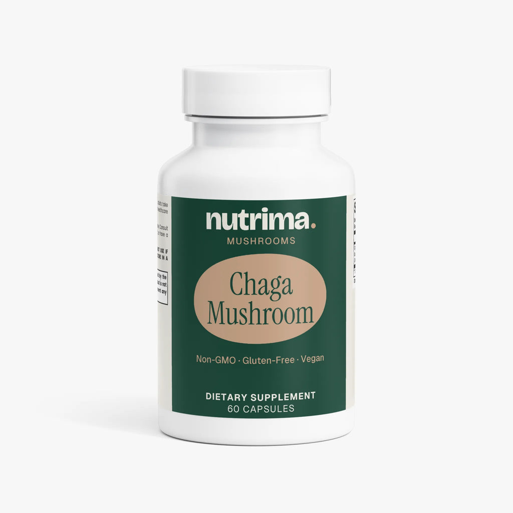 Chaga Mushroom dietary supplement bottle featuring a green and beige design, containing 60 capsules by nutrima.