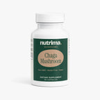 Chaga Mushroom dietary supplement bottle featuring a green and beige design, containing 60 capsules by nutrima.