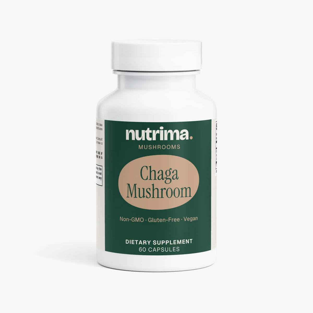Chaga Mushroom dietary supplement bottle featuring a green and beige design, containing 60 capsules by nutrima.