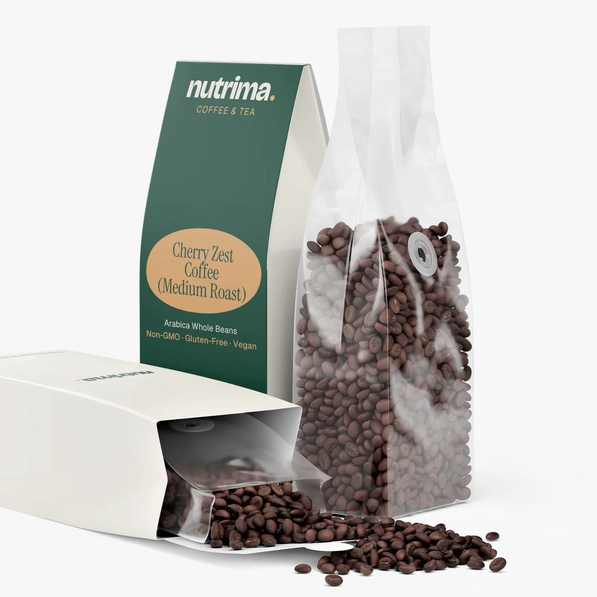 Cherry Zest Coffee (Medium Roast) features dark roasted beans spilling from a partially open white package by nutrima.