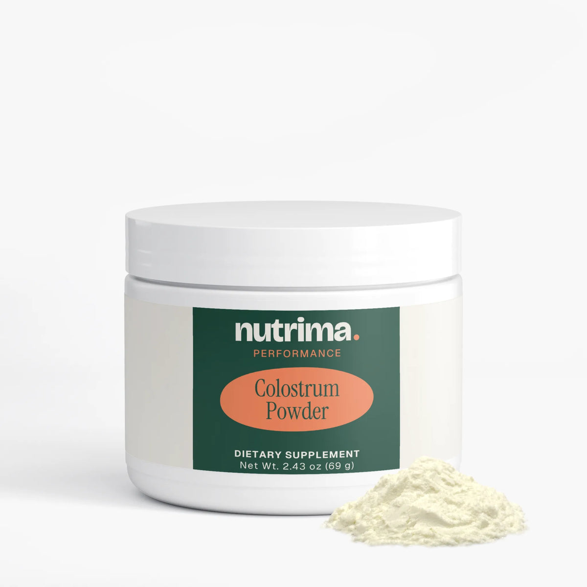 White jar of Colostrum Powder with a green label, accompanied by a scoop of powder, by nutrima.
