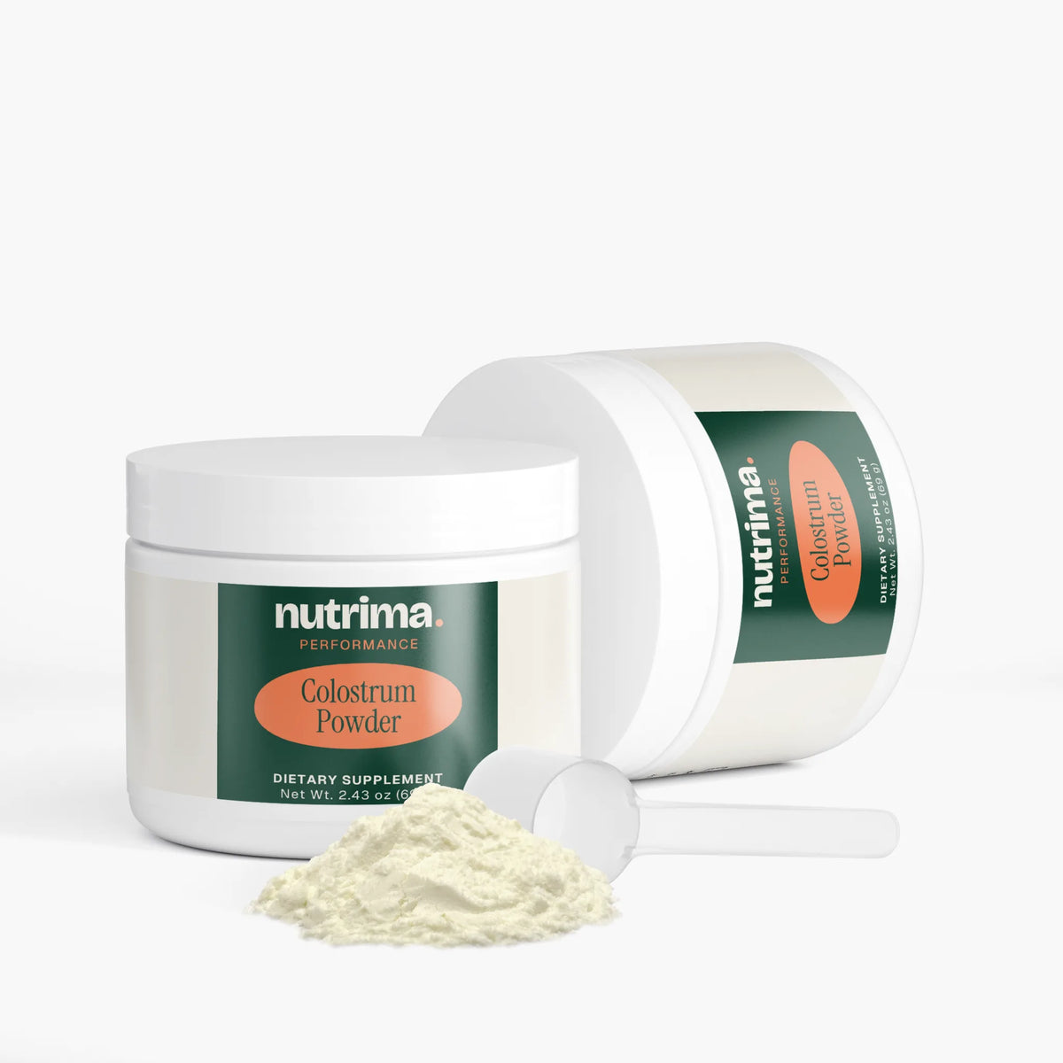 Colostrum Powder in a white container with a green label and a scoop.