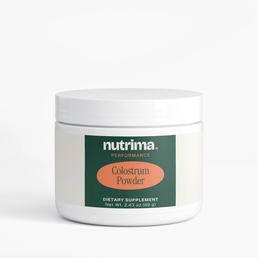 Colostrum Powder in a white container with green and orange label, a dietary supplement by nutrima.