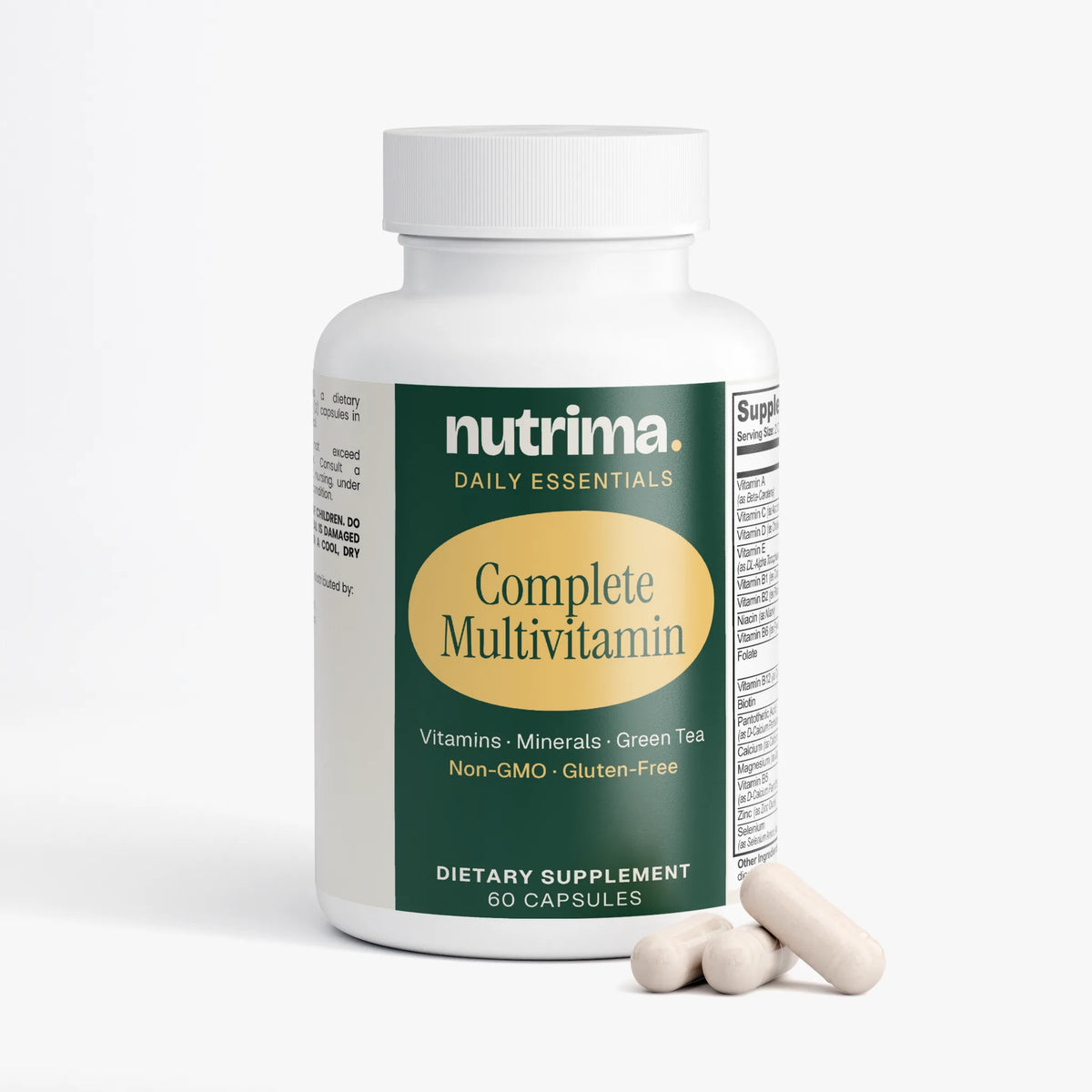 Complete Multivitamin bottle showing white capsules with green and yellow label, dietary supplement by nutrima.