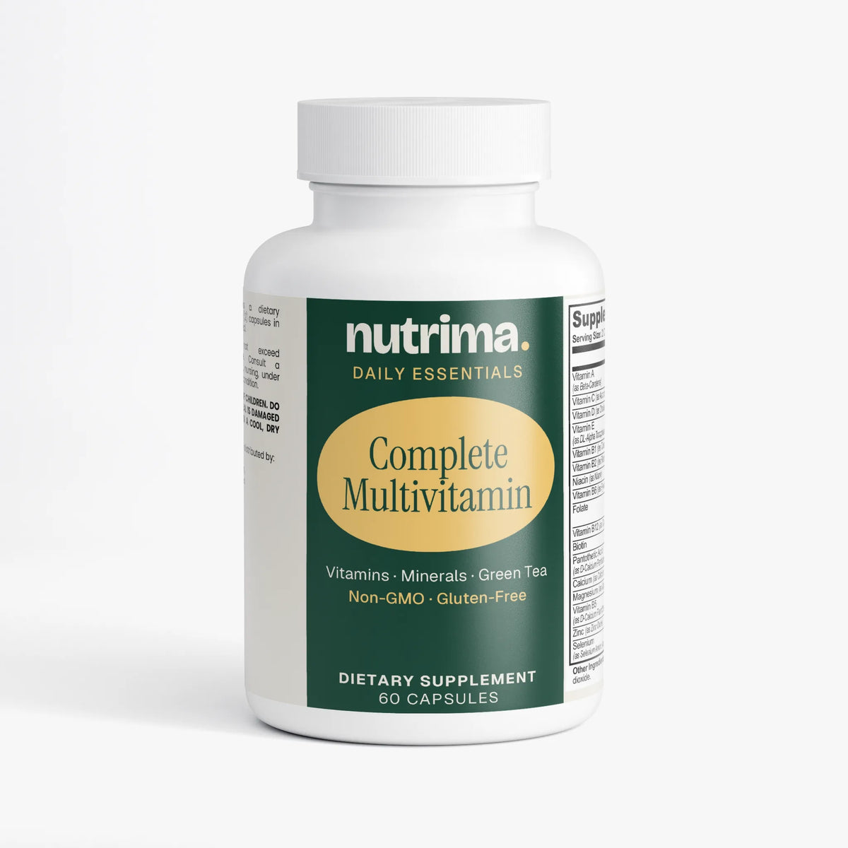 Complete Multivitamin bottle featuring a green label, white cap, and dietary supplement details by nutrima.