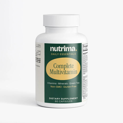 Complete Multivitamin bottle featuring a green label, white cap, and dietary supplement details by nutrima.