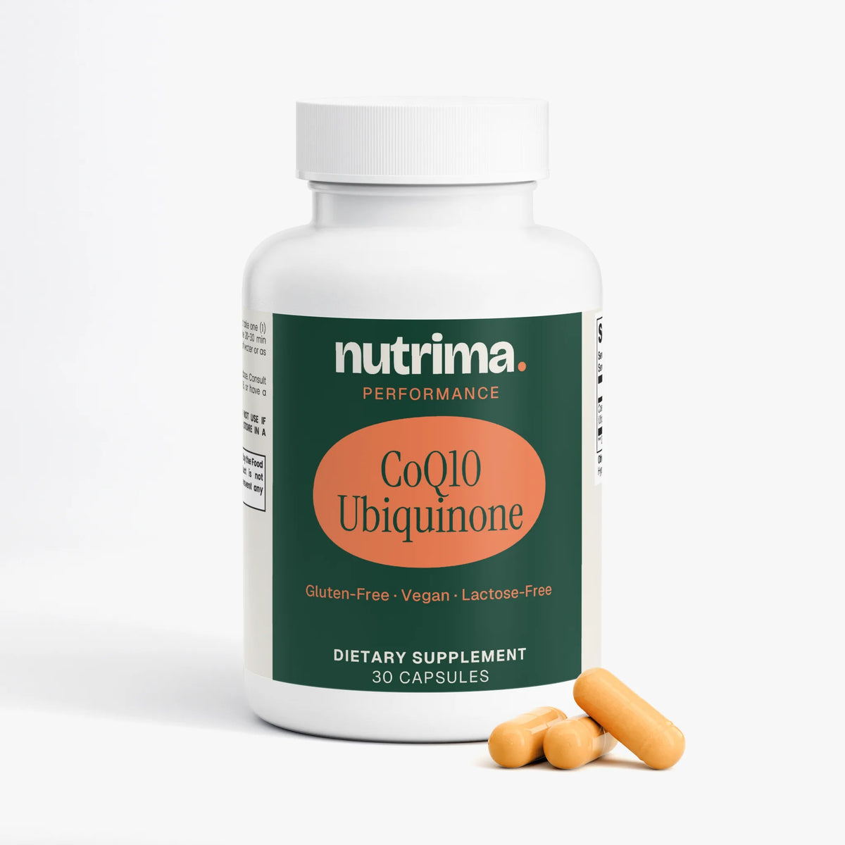 CoQ10 Ubiquinone supplement in a white bottle with orange label and capsules displayed by nutrima.