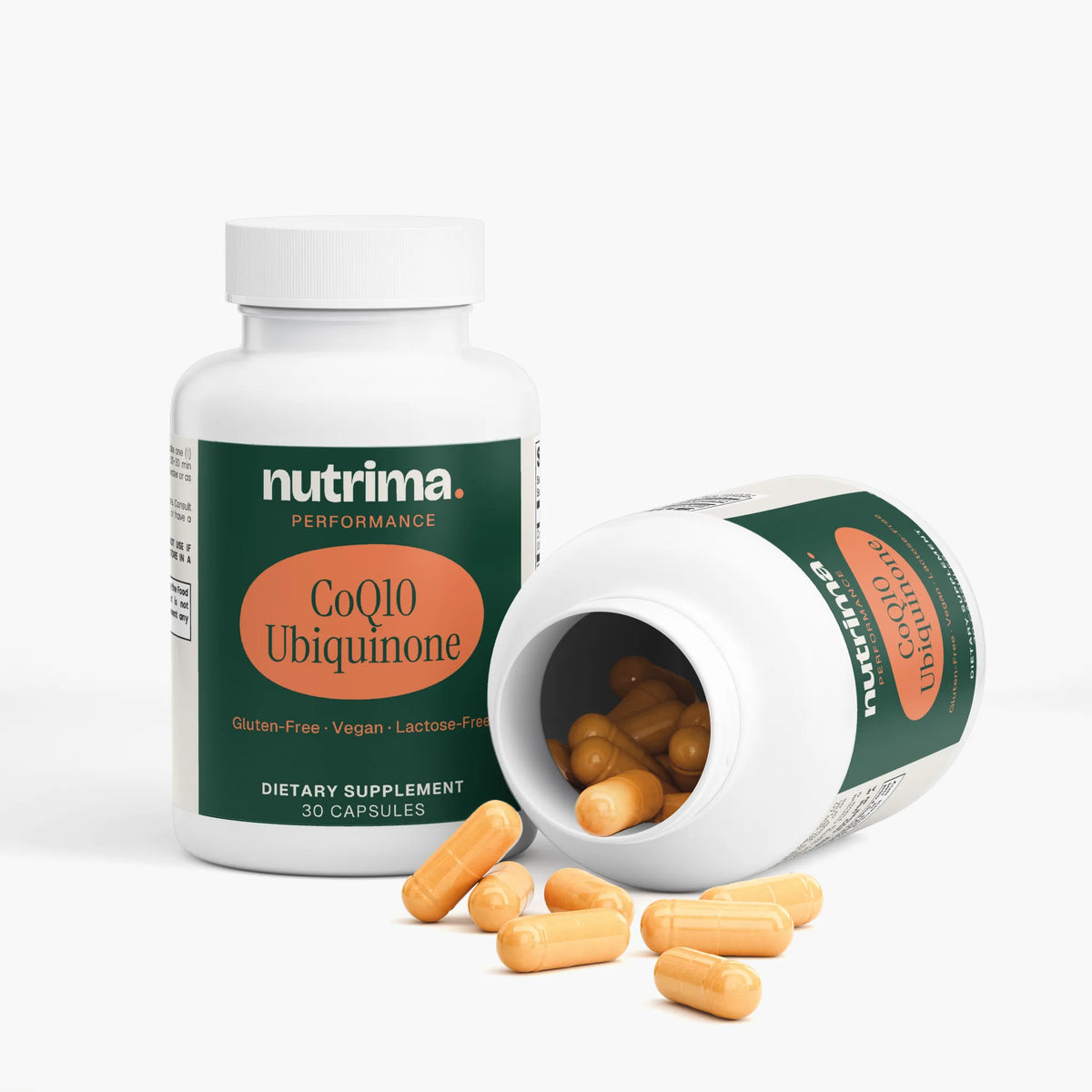 CoQ10 Ubiquinone dietary supplement bottle with orange capsules spilled, showcasing packaging by nutrima.