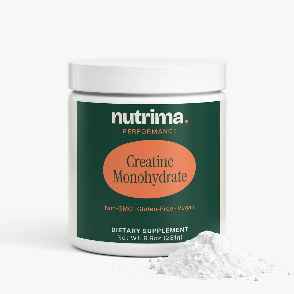 White powder beside a container of Creatine Monohydrate, labeled Non-GMO, Gluten-Free, Vegan by nutrima.